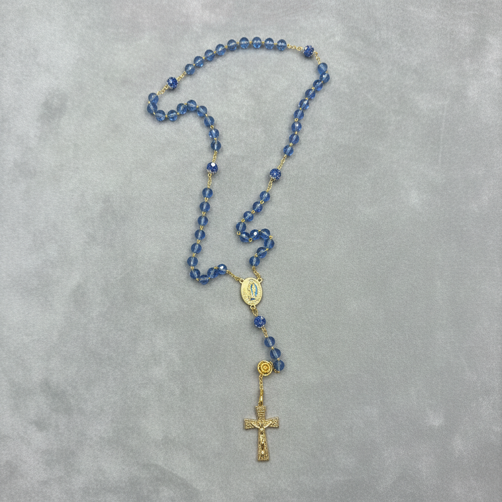 chapelet doré en acier inoxydable avec perles swarovski bleues de haute qualité, médaille miraculeuse de lourdes contenant de l&