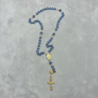 chapelet doré en acier inoxydable avec perles swarovski bleues de haute qualité, médaille miraculeuse de lourdes contenant de l&