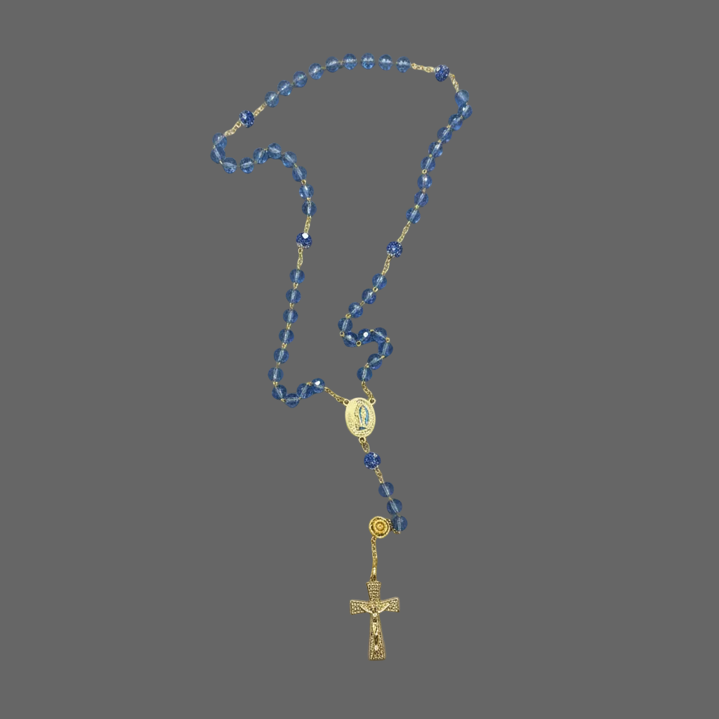 chapelet doré en acier inoxydable avec perles swarovski bleues de haute qualité, médaille miraculeuse de lourdes contenant de l&