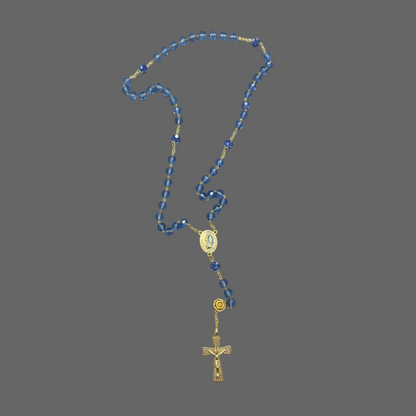 chapelet doré en acier inoxydable avec perles swarovski bleues de haute qualité, médaille miraculeuse de lourdes contenant de l&