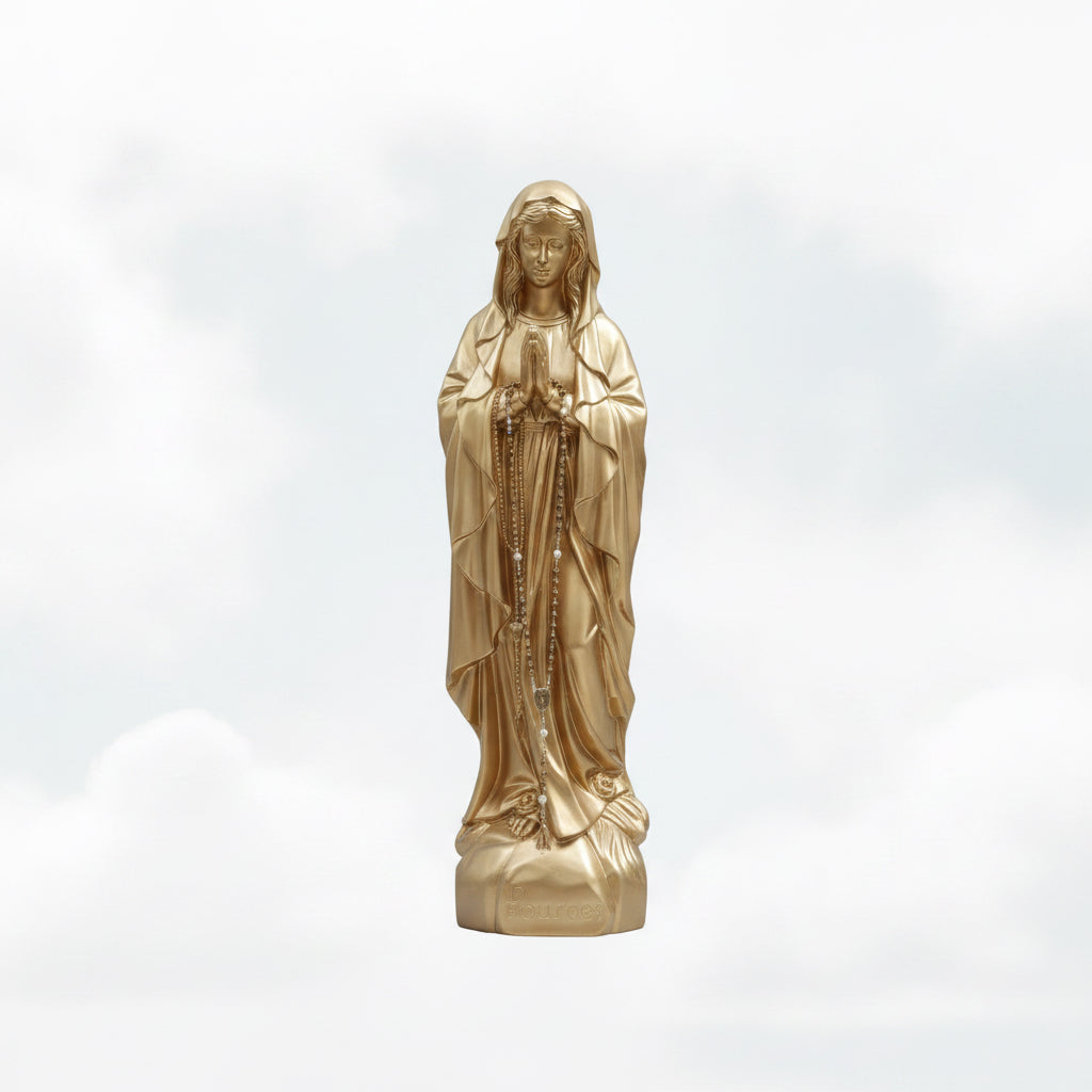 superbe statue dorée de la vierge marie en prière avec chapelet artisanal fait main - oeuvre d&