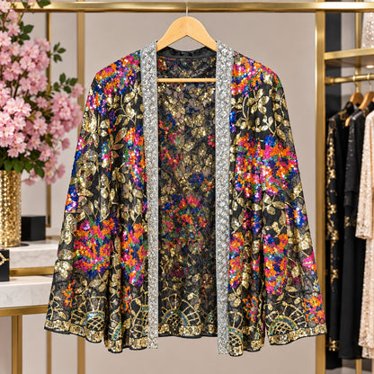 Kimono brodé 5696 – veste courte femme noire transparente à sequins et fleurs multicolores, bordures argentées, pièce lumineuse pour une tenue de soirée à superposer sur un haut uni pour un look habillé et original