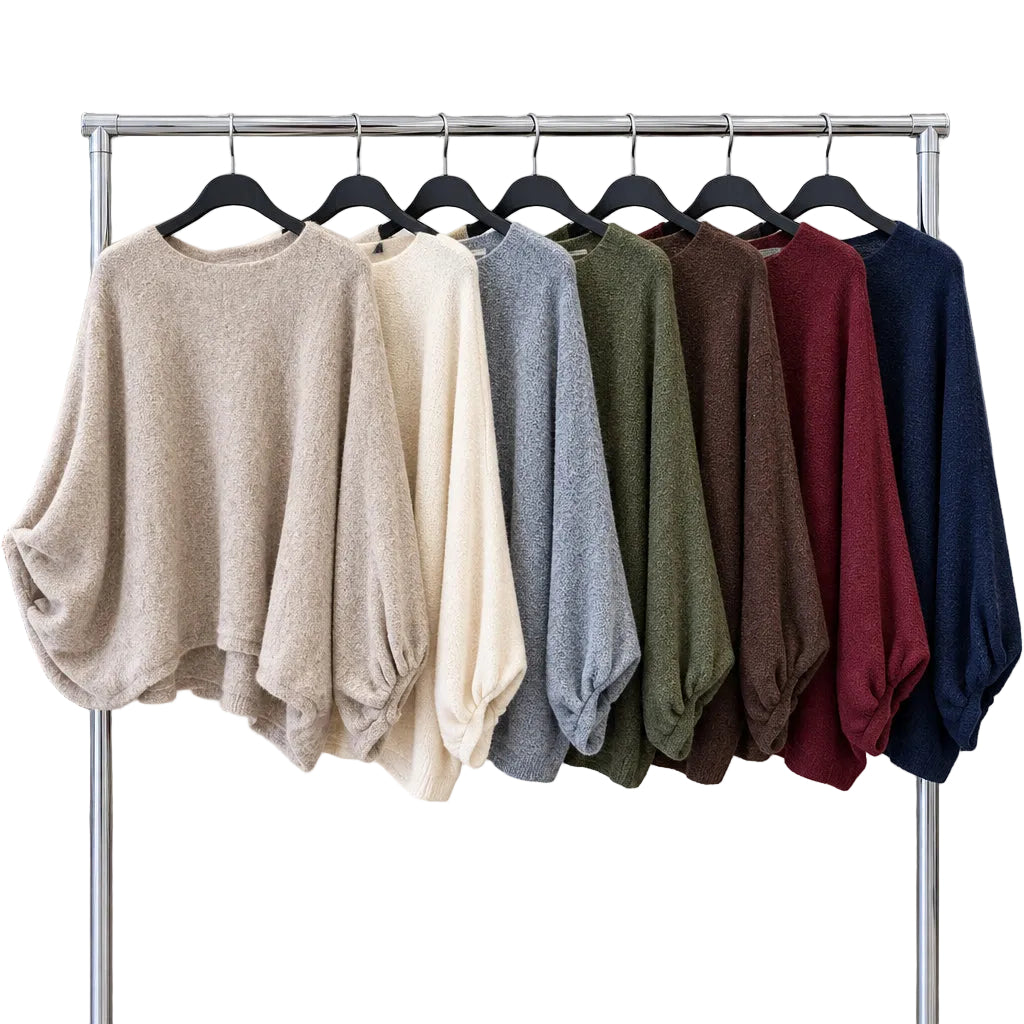 Pull cocooning 520823 – pull femme ample à col rond et manches bouffantes resserrées aux poignets, maille douce et coupe légèrement courte, style casual chic à porter avec un jean taille haute ou une jupe pour un look de saison confortable
