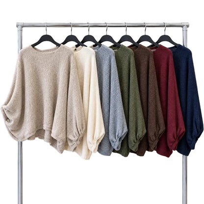 Pull cocooning 520823 – pull femme ample à col rond et manches bouffantes resserrées aux poignets, maille douce et coupe légèrement courte, style casual chic à porter avec un jean taille haute ou une jupe pour un look de saison confortable