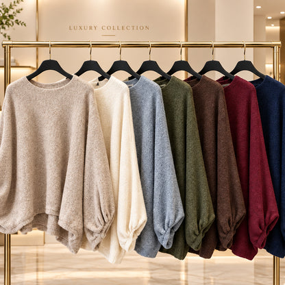 Pull cocooning 520823 – pull femme ample à col rond et manches bouffantes resserrées aux poignets, maille douce et coupe légèrement courte, style casual chic à porter avec un jean taille haute ou une jupe pour un look de saison confortable