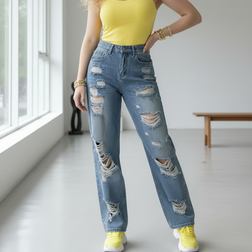 JEANS 6033 bleu clair large pour femme à trous style déchiré décontracté - pantalon denim coupe droite jambes larges et taille haute mode vintage streetwear - jean confortable avec poches arrière usées - look tendance été automne