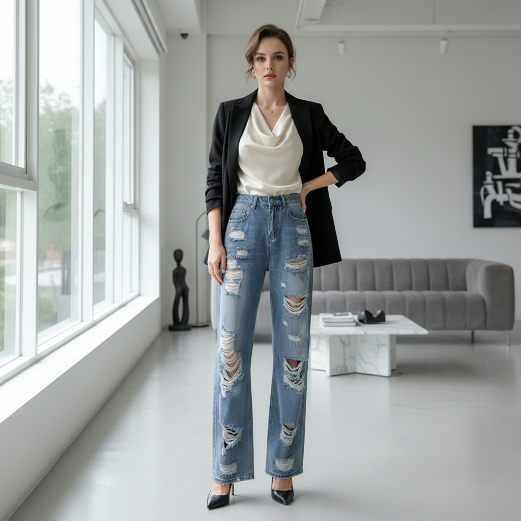 JEANS 6033 bleu clair large pour femme à trous style déchiré décontracté - pantalon denim coupe droite jambes larges et taille haute mode vintage streetwear - jean confortable avec poches arrière usées - look tendance été automne