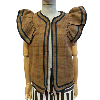 Gilet volanté 82162 – gilet sans manches gris à carreaux avec volants plissés aux épaules et bordures noires contrastées, coupe ouverte pour superposer sur une blouse ou un haut uni