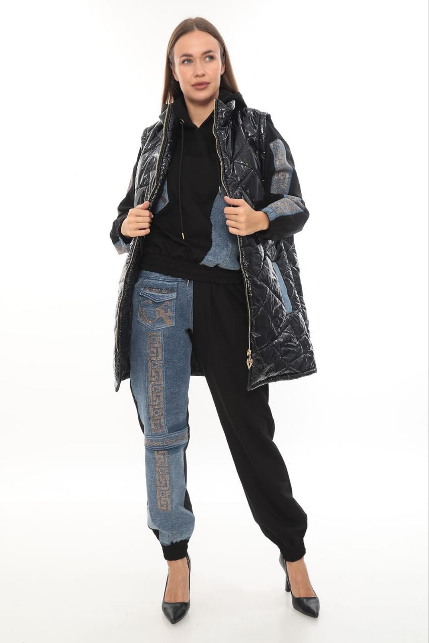 3639 CHARLIZE FASHION Ensemble jogging 3-pièces pantalon et haut jean et sweat avec doudoune matelassée noire brillante