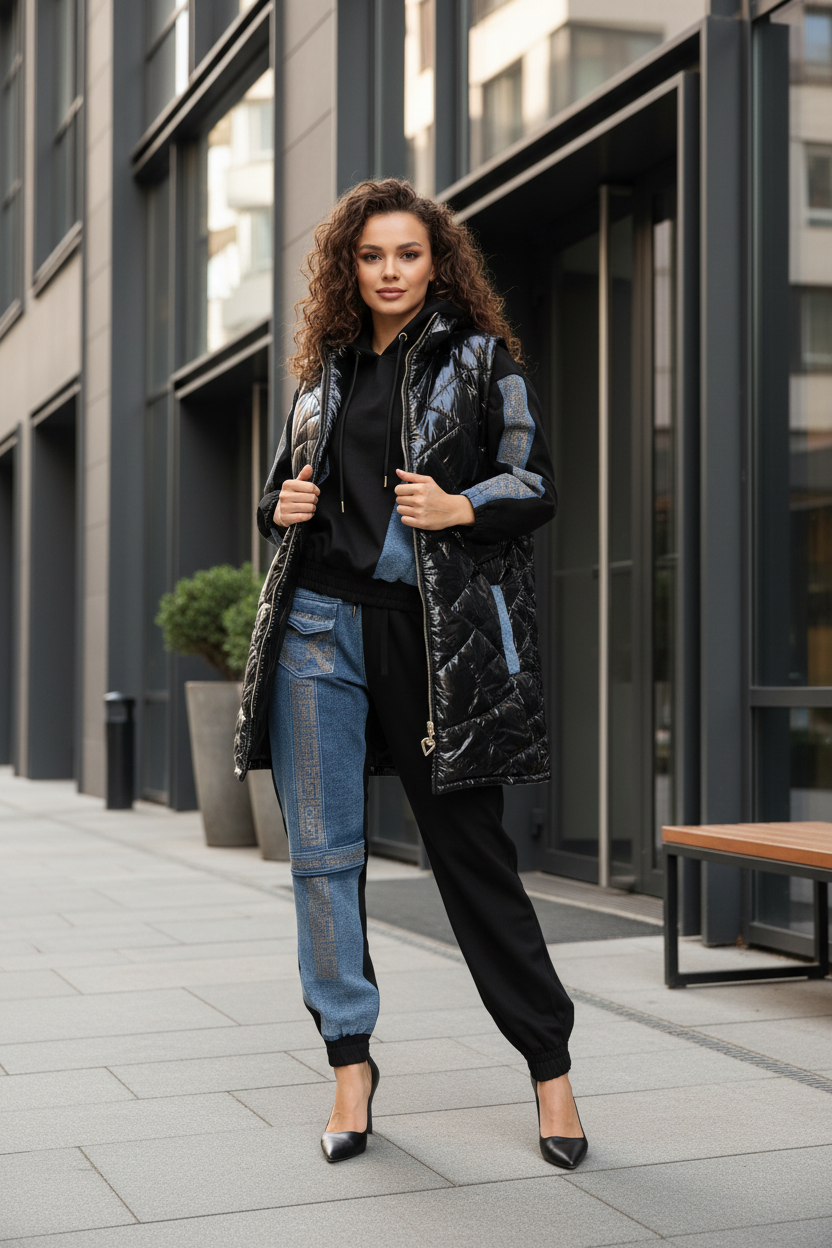 3639 CHARLIZE FASHION Ensemble jogging 3-pièces pantalon et haut jean et sweat avec doudoune matelassée noire brillante