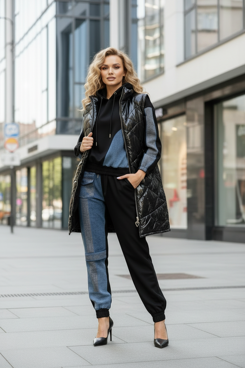 3639 CHARLIZE FASHION Ensemble jogging 3-pièces pantalon et haut jean et sweat avec doudoune matelassée noire brillante