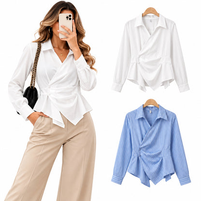 Chemise drapée L5880 – chemisier femme cache-cœur plissé à col classique, manches longues et taille cintrée, style chic pour le bureau et les sorties à associer avec un pantalon droit ou une jupe pour une silhouette habillée et moderne