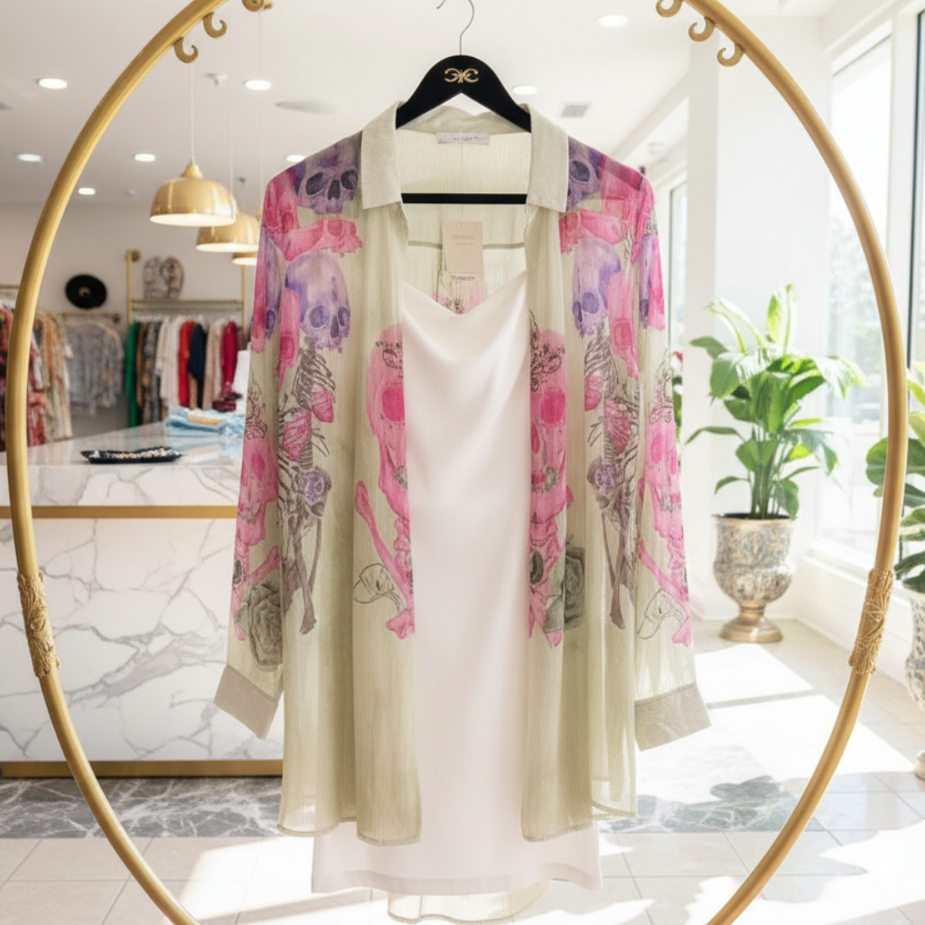 Chemise artistique 409 – chemisier femme Missy en voile transparent, motifs de crânes stylisés roses et violets, strass et paillettes, coupe fluide à col classique pour un look rock chic