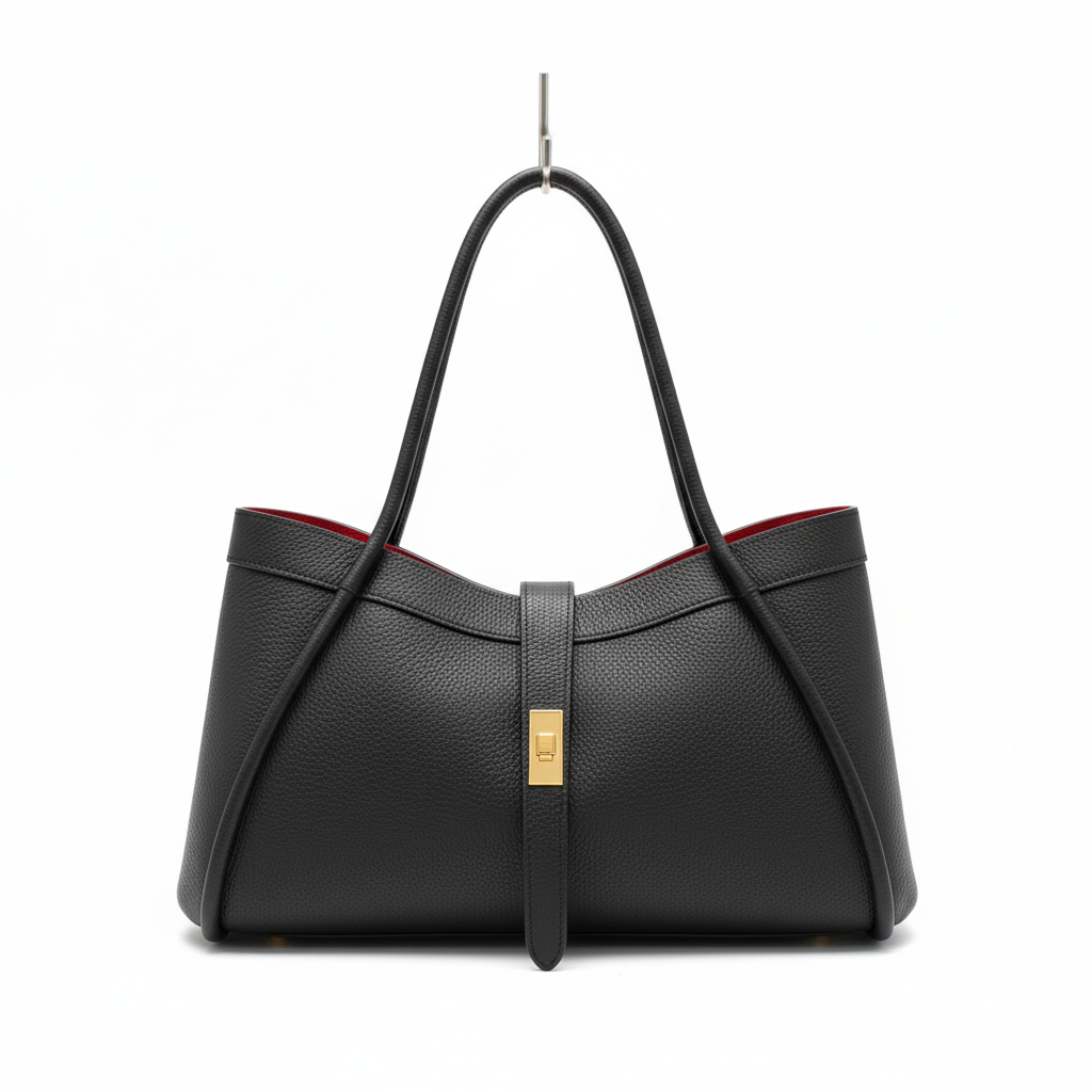SAC A MAIN 5934 L’élégance intemporelle ces  sacs présentent un design radicalement différent : un cuir grainé, une forme trapèze souple, une fermeture par bride centrale avec un fermoir rotatif métallique et un intérieur contrasté    42cmL/24cmH/18cmP