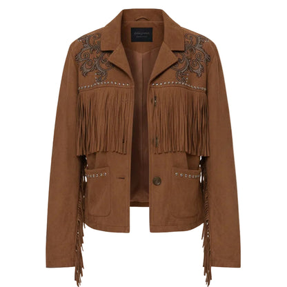 Veste western LR2830 – veste courte femme effet suédine marron avec franges, motifs arabesques en strass et clous métalliques, style country bohème chic pour une tenue affirmée