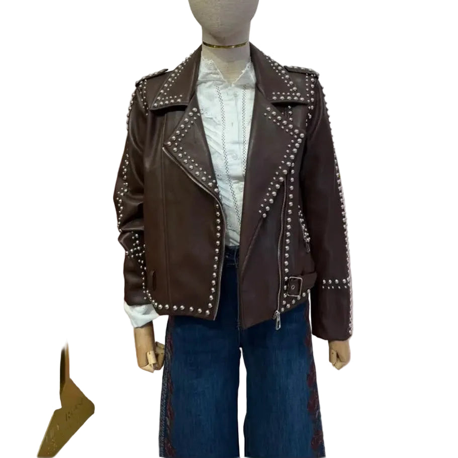 Perfecto clouté LR2977 – blouson biker femme marron foncé en similicuir avec clous argentés, fermeture zippée asymétrique et ceinture à boucle, style rock chic pour l&