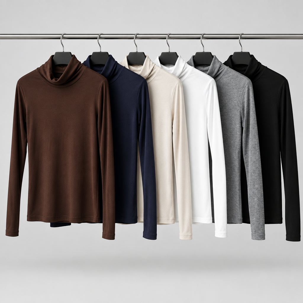 Top seconde peau A64447 / A65952 – haut femme ajusté à manches longues en matière extensible, col montant ou rond selon modèle, pièce de superposition pour l&