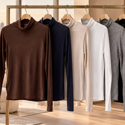 Top seconde peau A64447 / A65952 – haut femme ajusté à manches longues en matière extensible, col montant ou rond selon modèle, pièce de superposition pour l&