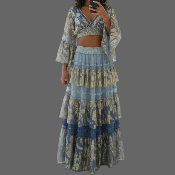 BOHEME CHIC ensemble 2 pièces TAILLE 36/40 PAP22 : crop top &amp; jupe longue à volants – imprimés dorés scintillants et finitions dentelle – 3 coloris d&