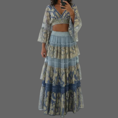 BOHEME CHIC ensemble 2 pièces TAILLE 36/40 PAP22 : crop top &amp; jupe longue à volants – imprimés dorés scintillants et finitions dentelle – 3 coloris d&