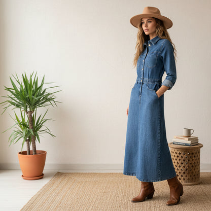 ROBE JEANS 5191 - style intemporel et confortable - boutonnage pression devant - poches poitrine et taille - coupe flatteuse - ideale pour toutes les saisons - tissu denim de qualité
