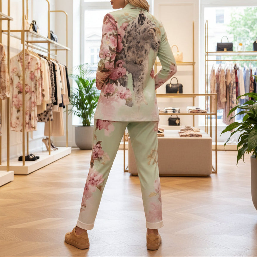 ENSEMBLE TAILLEUR LEGER LUXE  MISSY TRUCKSUIT tailleur pantalon femme , blazer cintré avec motif léopard en strass brillants, coupe élégante chic et originale pour cérémonie ou soirée, ensemble 2 pièces premium.