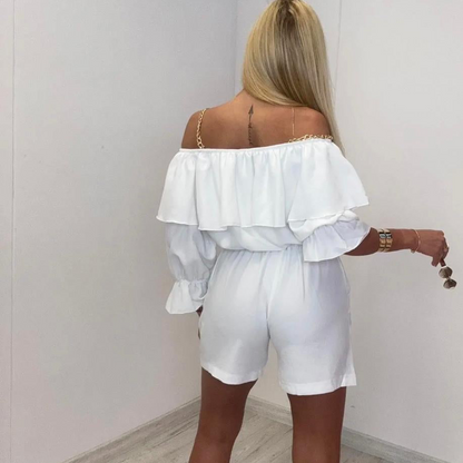 PAPARAZZI  3125 ENSEMBLE 2 Pièces ;  Short &amp; Top avec épaule dénudée large, décolleté qui tombent sur les bras  de bretelles en maillons dorés élastique à la taille short, moulant