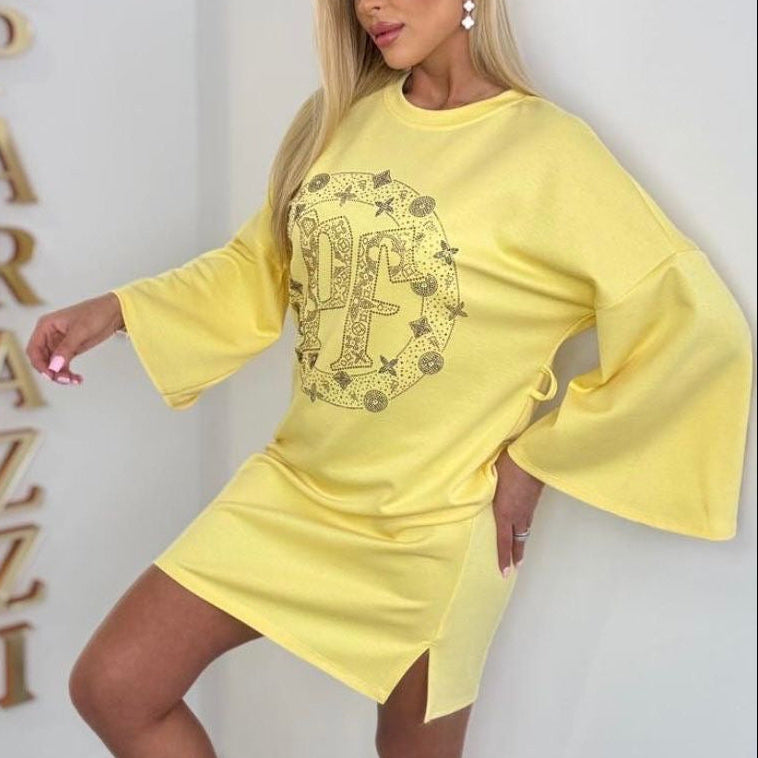 PAPARAZZI 109 Robe courte jaune soleil à motifs en Strass baroques et fleurs, Taille Unique,  robe d&