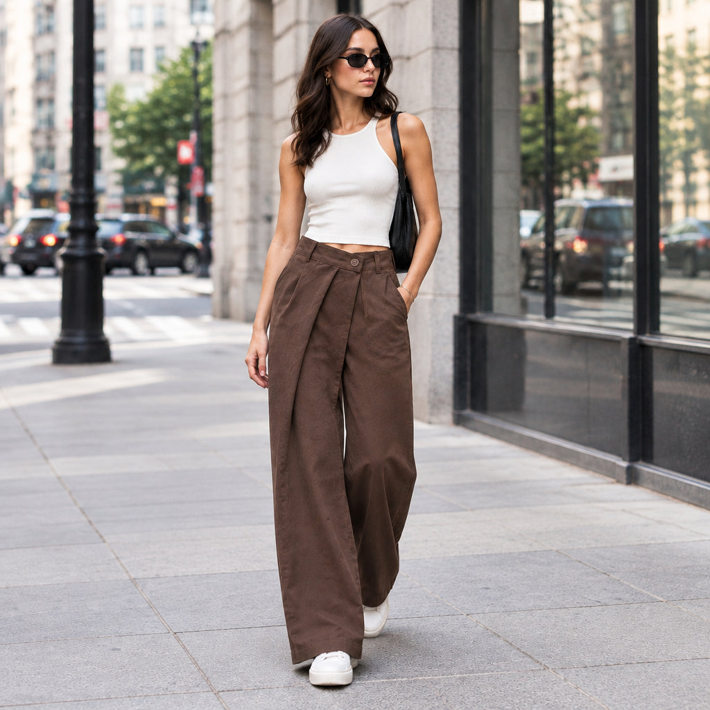 Pantalon paréo 12942 – pantalon femme large et fluide à taille haute, devant asymétrique avec bouton latéral et jambes évasées, allure chic originale à associer avec un chemisier ou un haut uni pour une silhouette moderne