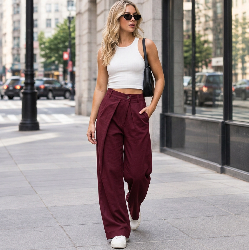 Pantalon paréo 12942 – pantalon femme large et fluide à taille haute, devant asymétrique avec bouton latéral et jambes évasées, allure chic originale à associer avec un chemisier ou un haut uni pour une silhouette moderne
