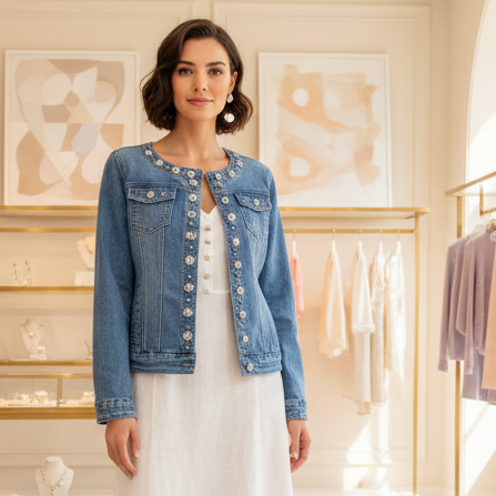 VESTE en jeans 1865 stretch orné de perles et strass : l&