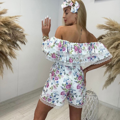2276 PAPARAZZI Combinaison short 3 pièces bando ceinture et combinaison super matière très légères chic et élégante avec un joli motif fleuri