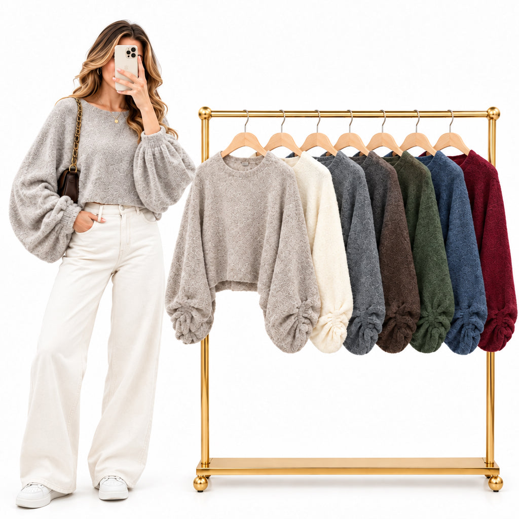 Pull cocooning 520823 – pull femme ample à col rond et manches bouffantes resserrées aux poignets, maille douce et coupe légèrement courte, style casual chic à porter avec un jean taille haute ou une jupe pour un look de saison confortable
