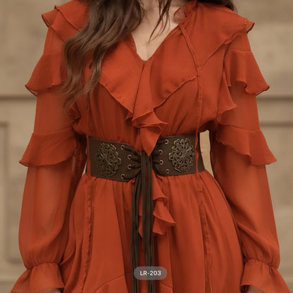 LR203 ceinture corset large en cuir marron style bohème et médiéval pour femme avec laçage frontal à œillets, ornements métalliques sculptés vintage et longs liens suspendus élégants pour cintrer robes et tuniques avec style