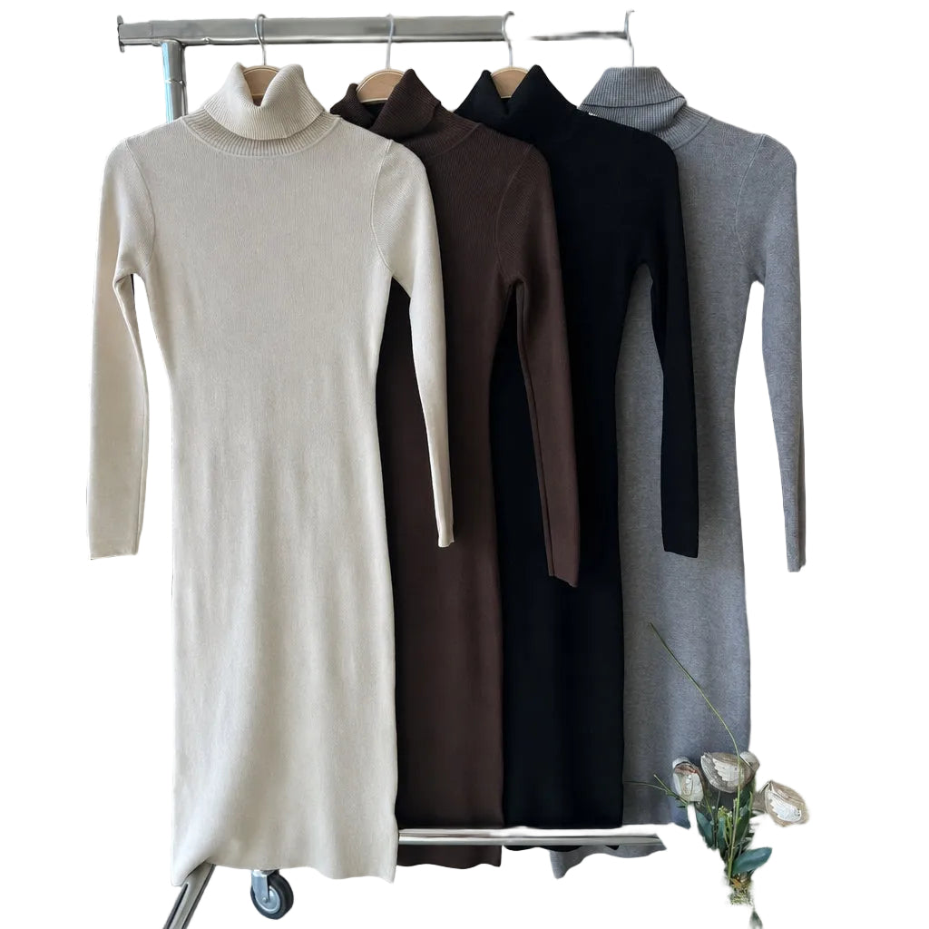 Robe maille AG63541 robe longue femme ajustée à col roulé en tricot côtelé extensible, coloris neutres selon disponibilité, tenue chic pour l&