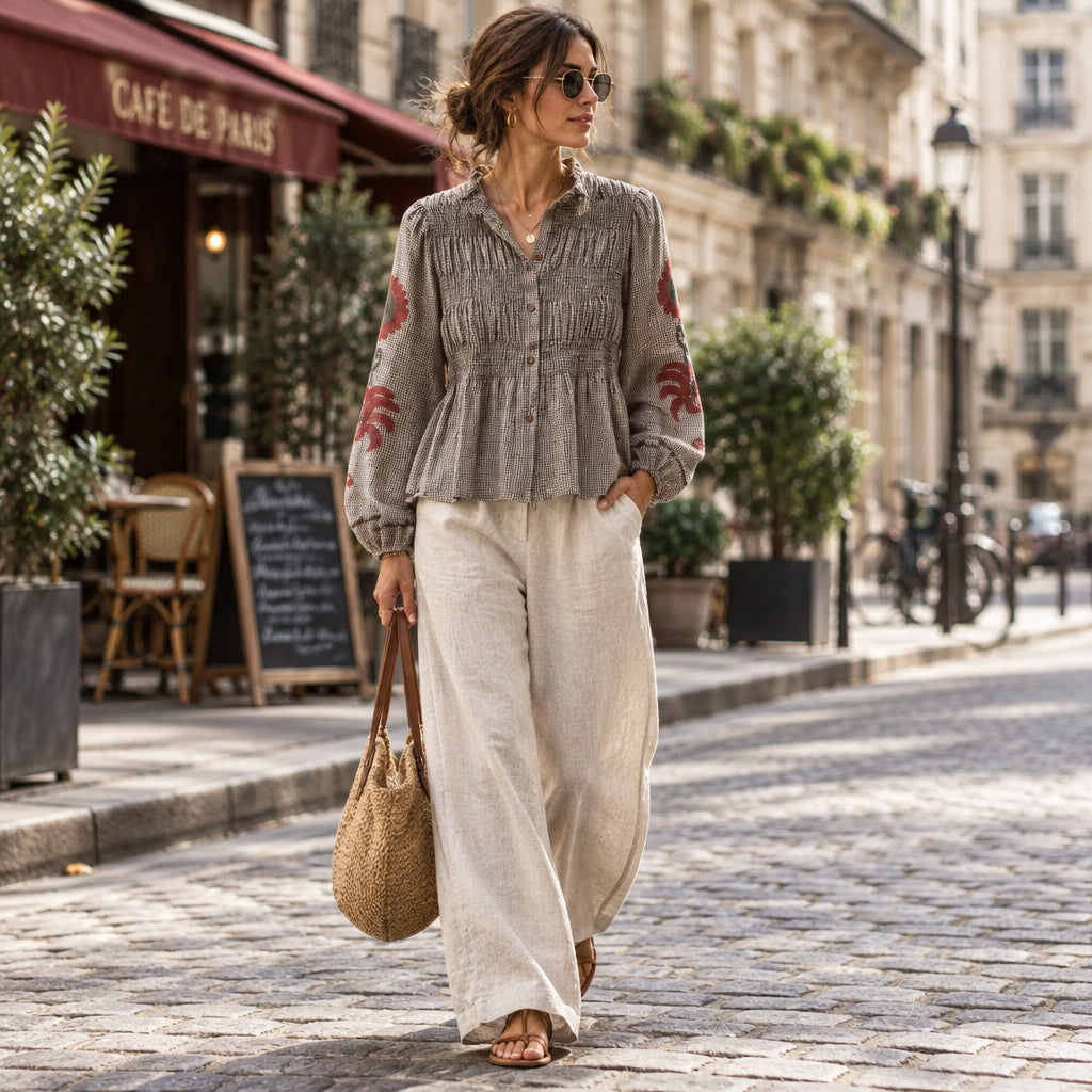 Chemisier vichy M88125 – blouse femme à carreaux marron beige, broderies florales, col montant à volants et taille smockée effet basque, manches bouffantes pour un look romantique