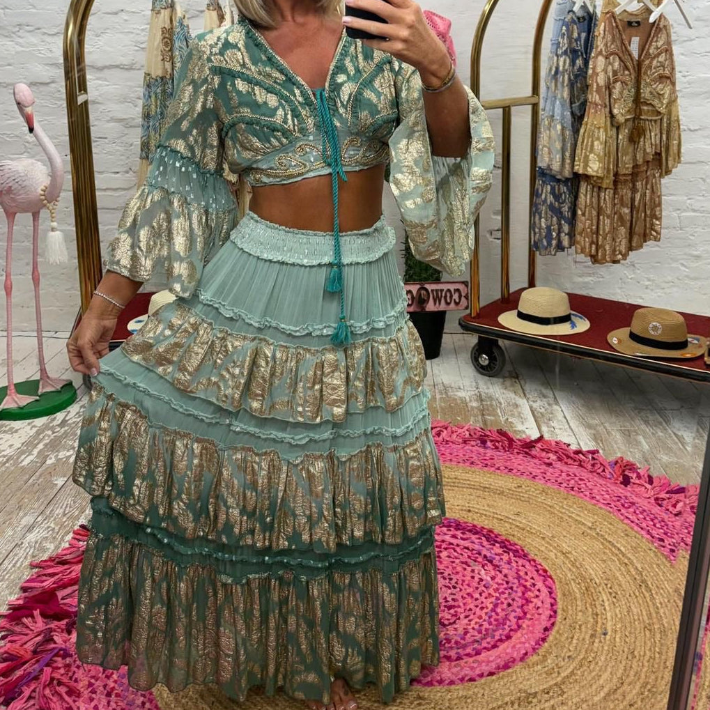 BOHEME CHIC ensemble 2 pièces TAILLE 36/40 PAP22 : crop top &amp; jupe longue à volants – imprimés dorés scintillants et finitions dentelle – 3 coloris d&