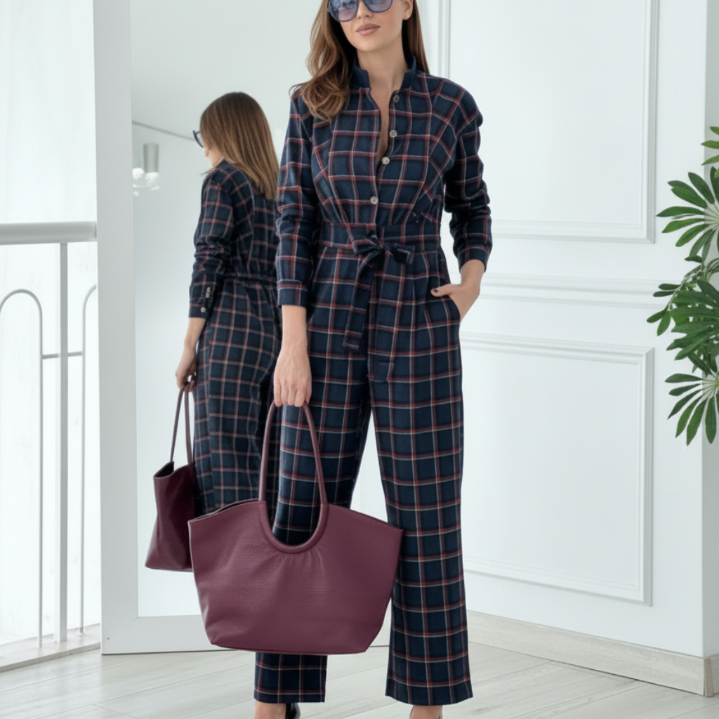 Combinaison tartan B10638 – combinaison pantalon femme bleu marine à carreaux bordeaux et moutarde, col montant boutonné, manches longues, taille ceinturée et poches latérales, style chic