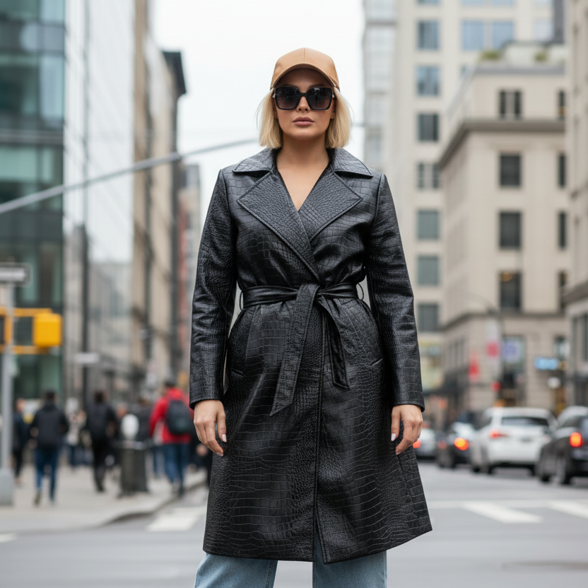 PAPARAZZI 333 VESTE longue simili cuir texture crocodile noir – style Sophistiquée avec col revers &amp; taille ajustable – coupe ceinturée élégante &amp; chic urbain