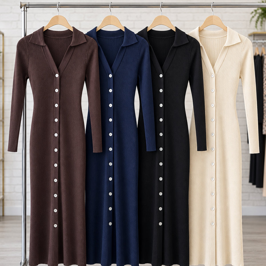 Robe polo AG65808 – robe longue femme en maille côtelée à col chemise et boutonnage devant, manches longues et coupe ajustée, style chic pour l&