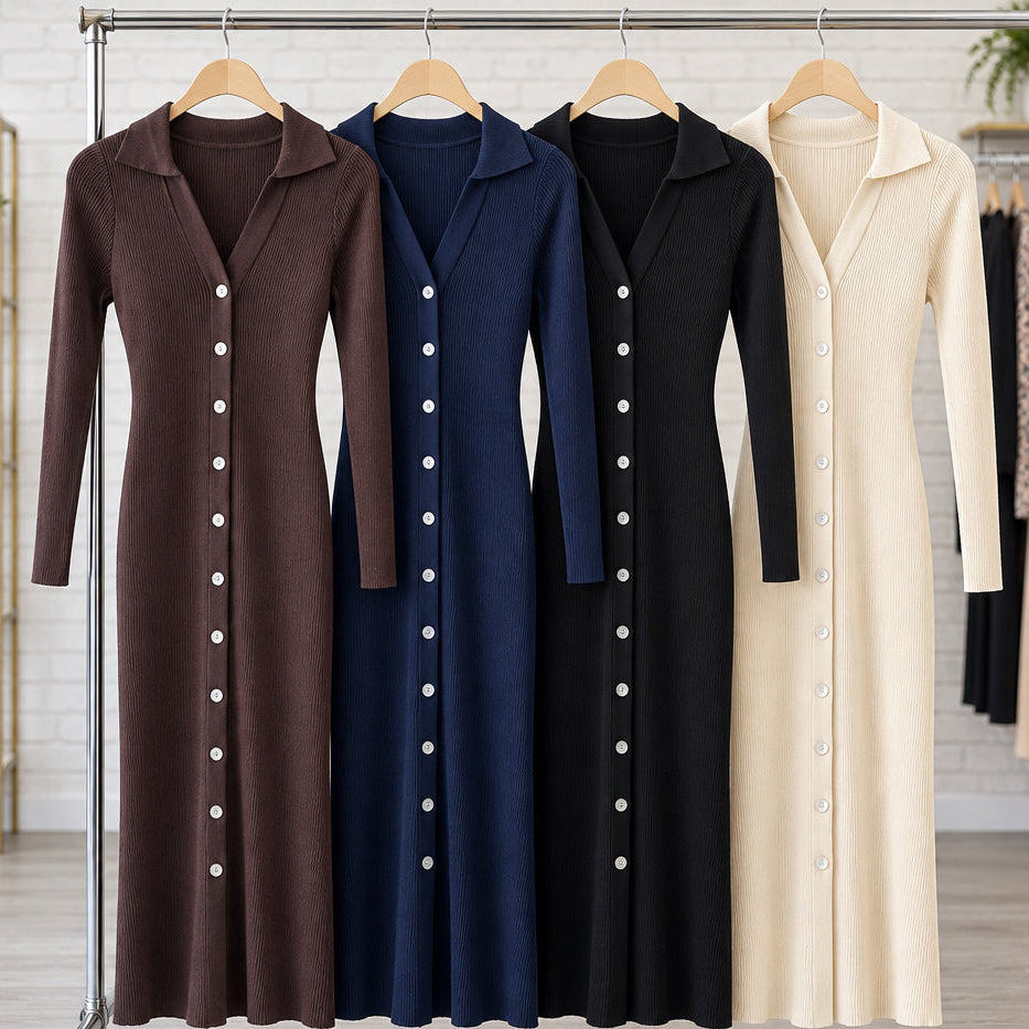 Robe polo AG65808 – robe longue femme en maille côtelée à col chemise et boutonnage devant, manches longues et coupe ajustée, style chic pour l&