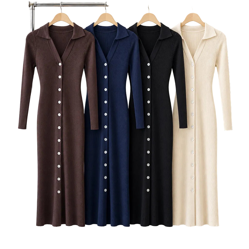 Robe polo AG65808 – robe longue femme en maille côtelée à col chemise et boutonnage devant, manches longues et coupe ajustée, style chic pour l&