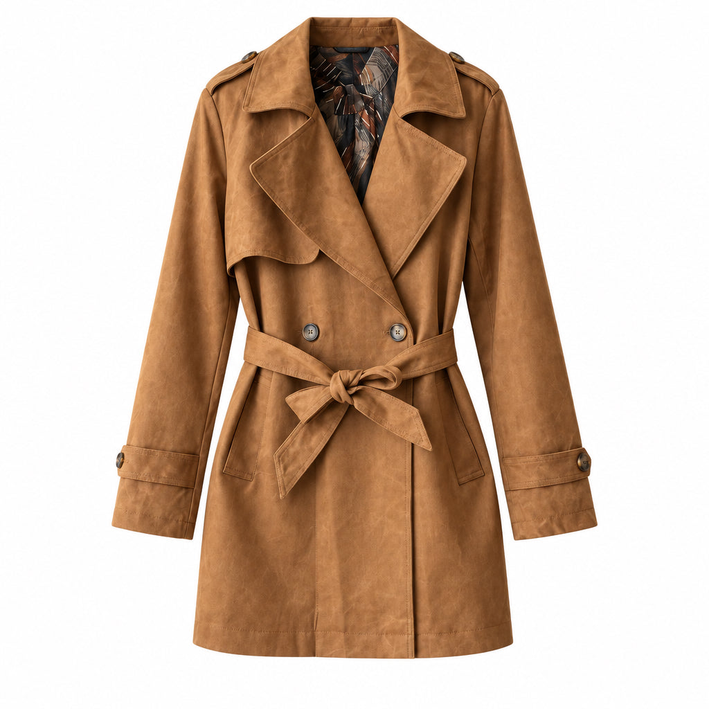 Trench suédine R64115 – manteau mi-long femme beige effet daim avec double boutonnage, col à revers et ceinture amovible, coupe élégante pour les tenues de mi-saison