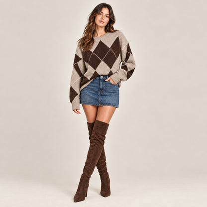 Pull argyle CH6582 – pull femme à losanges style preppy, maille tricotée, col rond et coupe ample, coloris naturels bicolores pour une tenue chic décontractée