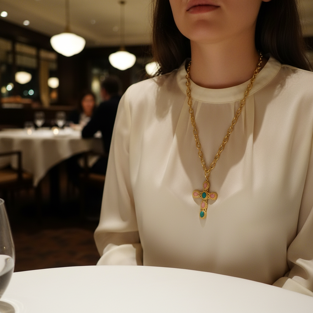 COLLIER NIIKI PARIS AVEC PENDENTIF CROIX rhodochrosite et apatite Tout les bijoux NIIKI indisponibles sont en précommande dans un délai de 15 jours ouvrables voir en privé avec Laetitia .