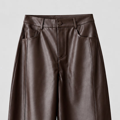 Pantalon chocolat MYX16426 – pantalon large femme en similicuir marron à taille haute, coupe droite ample, passants de ceinture et poches latérales, style chic à porter avec une blouse ou une veste courte pour une tenue de ville élégante