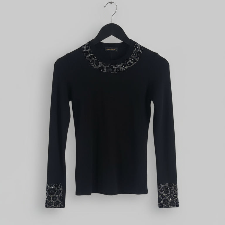 TOP MANCHES LONGUES 20687 Top moulant chic et élégant strass argent