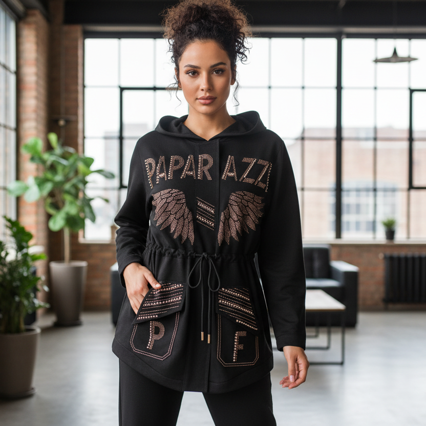 Paparazzi Fashion 0076 Ensemble parka femme avec veste longue noire à capuche et pantalon coordonné, ailes en strass, détails bijoux et taille réglable par cordon, tenue urbaine chic vêtement femme de la collec