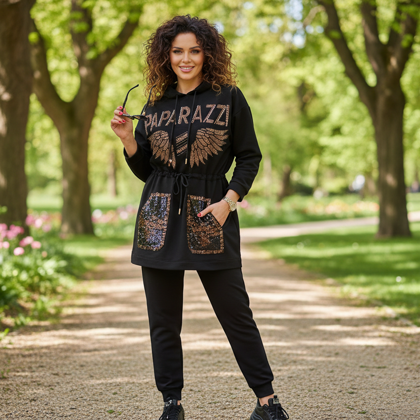 0076 PAPARAZZI ensemble veste longue à capuche noire style parka chic avec ailes en strass et détails bijoux - coupe cintrée ajustable à la taille - look luxe urbain paparazzi et confort premium