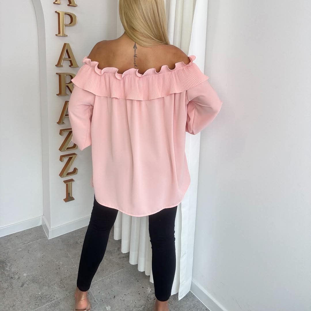 Paparazzi Fashion 1520 Tunique Bardot haut femme rose fuchsia à épaules dénudées, col volanté et plissé, manches longues élastiquées et grand motif texturé scintillant, coupe ample tendance vêtement femme tendance de la collection Papa